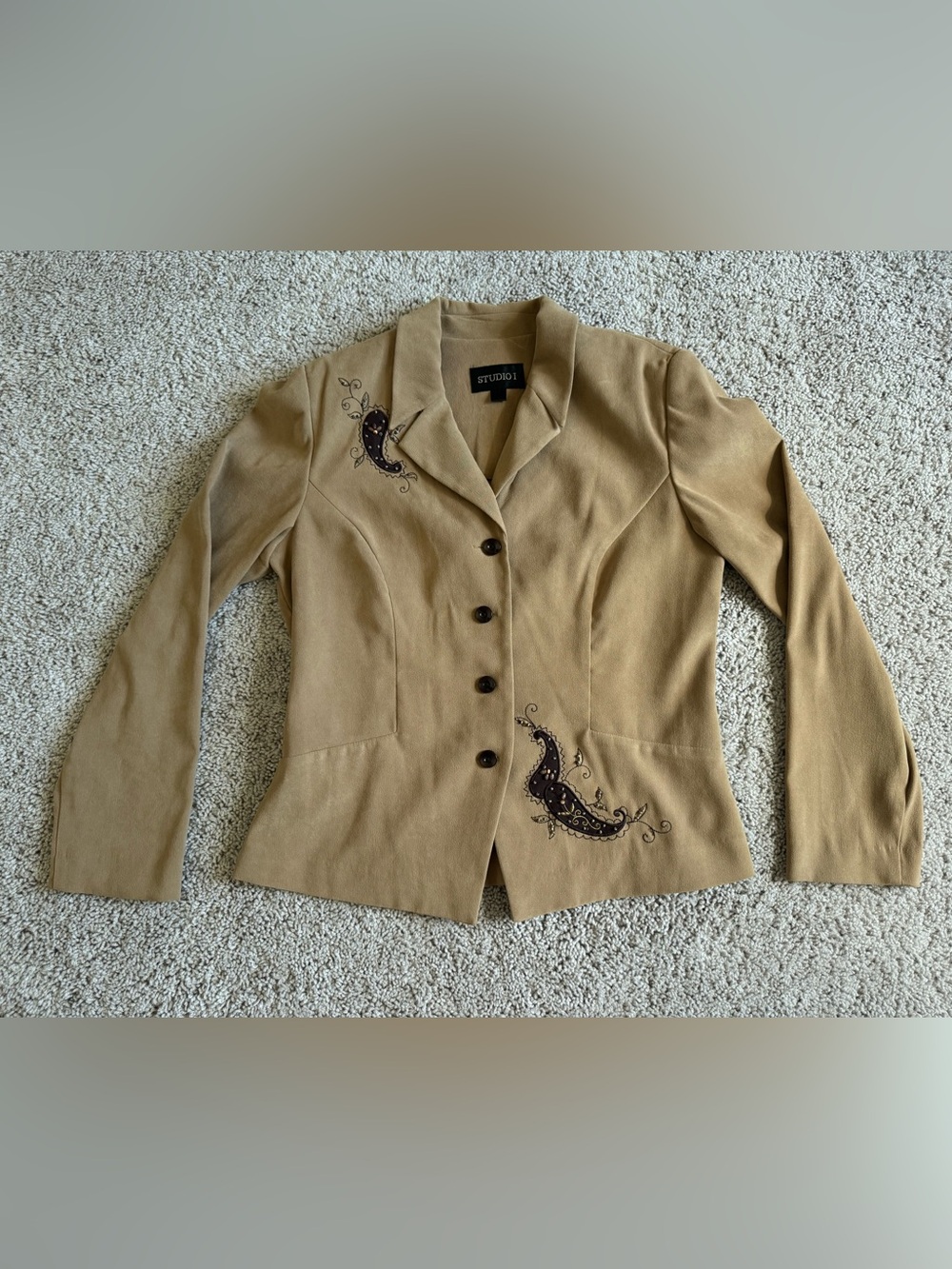 Studio 1 Brown Blazer Women’s Size Small Embroidered Small Beads Retro Chic